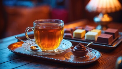 An inviting setup showcases a glass of warm tea, chocolates, and a sweet spread on a wooden table, establishing a cozy ambiance for sharing.