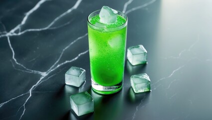 A glass of matcha latte with ice placed on a white marble table.