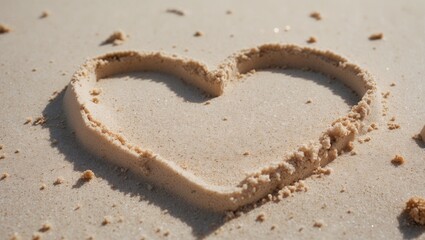A heart shape sketched in the gentle sand on a beach, symbolizing love, romance, and serenity. Ideal for themes of affection, summer, and relaxation.