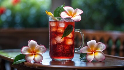 A fresh, luxurious ice tea decorated with flowers on the glass is served on a classic wooden table. red drinks on glass with flowers. cool tea
