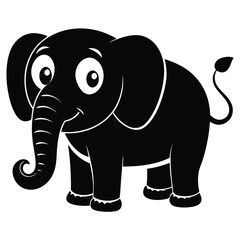 A black and white cartoon elephant smiles with cheerful eyes, looking gentle and cute