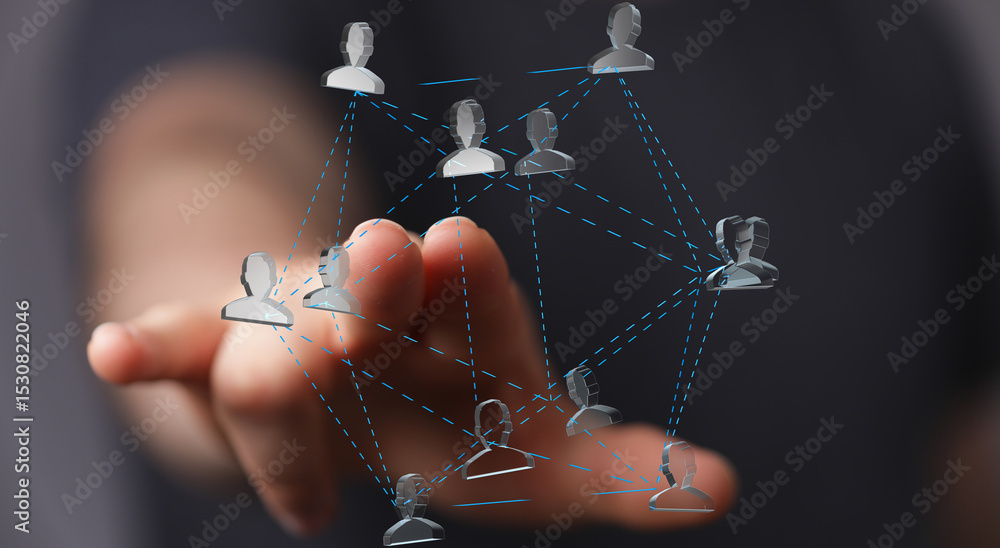 Poster Hand interacting with a digital network of people, symbolizing connection and teamwork.