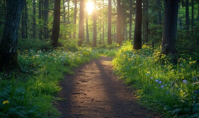Obraz premium tranquil forest trail in springtime with sunlight streaming through the trees and wildflowers blooming along the path, Generative AI