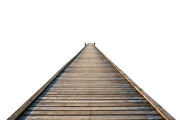 Weathered wooden dock pier extending into misty distance with handrails perspective view, isolated on a transparent background