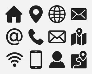 Contact and Location Icon Set - Solid Black Symbols for Web and Print