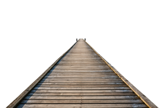 Weathered wooden dock pier extending into misty distance with handrails perspective view, isolated on a transparent background - Powered by Adobe