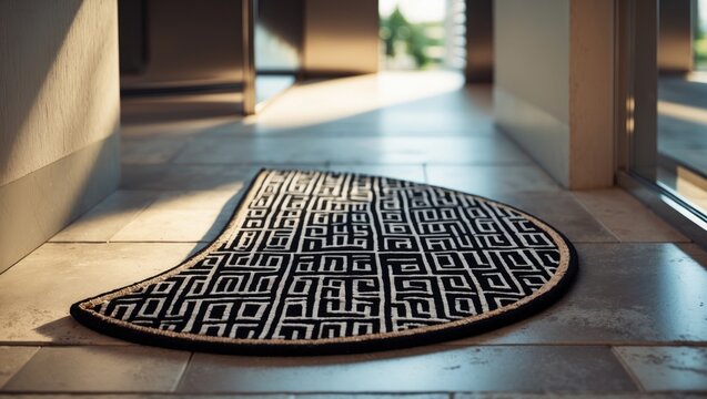Black carpat in coffee shop, contemporary door mat at entryway outdoor mat Welcome mats entry grey mat on floor, selective focus.