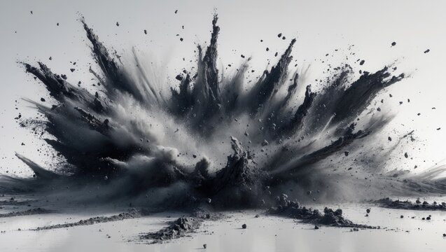 Closeup of black dust particles splash isolated on background; particles of charcoal splatter on white background in a black powder explosion.