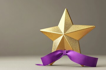 Golden Star Award Trophy with Purple Ribbon Achievement Success Recognition Prize