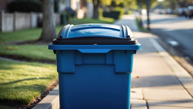 A blue recycling bin positioned on an asphalt street adjacent to a gray brick curb.