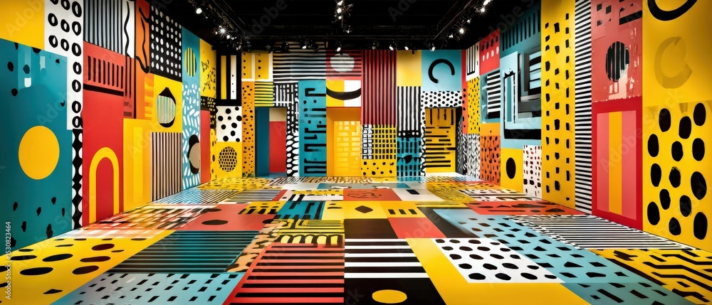 Poster vibrant abstract geometric patterns in a colorful room, creating a playful and modern art installati