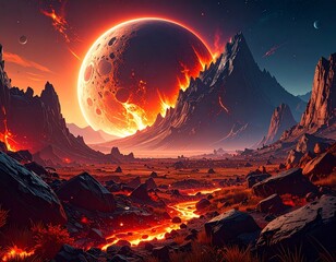 An apocalyptic view of a planet, with a large, fiery planet rising over mountains, and a river of lava flowing through the land