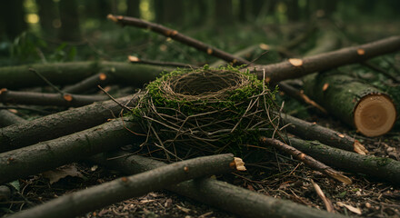 A Solitary Nest Among the Fallen Branches of a Deep Forest