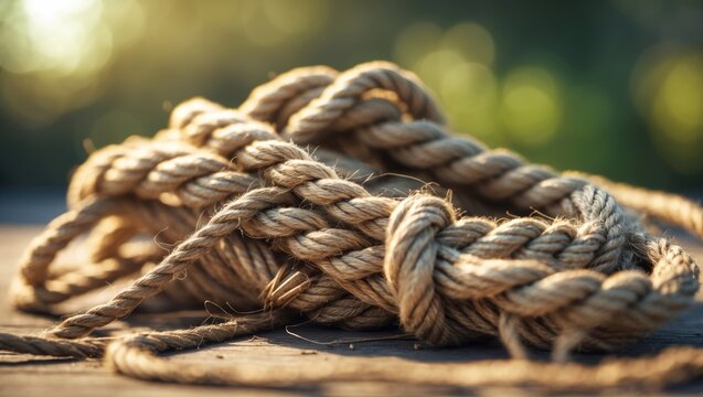 A collection of brown rope resting on a wooden surface, appearing frayed and worn, representing the concept of nostalgia and a link to the past.