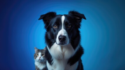 A border collie dog photograph with a cat lurking in the background is set against a blue backdrop.