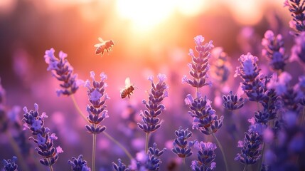 Fototapeta premium tranquil field of lavender swaying gently in the breeze under a soft pink sunset with bees buzzing around the flowers, Generative AI