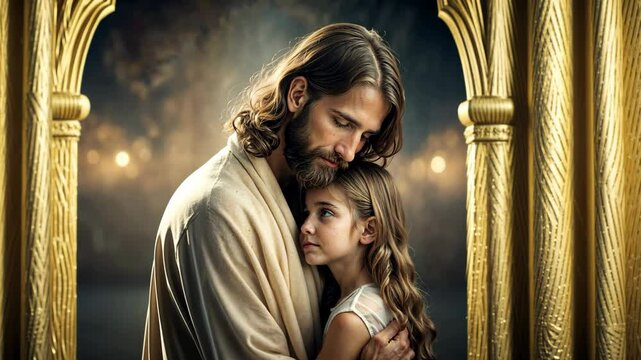 A fraternal hug of Jesus Christ our Saviour to a cute innocent child