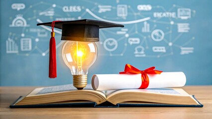 Graduation cap and diploma with glowing light bulb on open book representing knowledge and success
