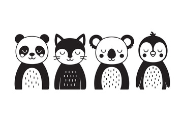 Cute Minimalist Animal Faces in Black and White – Panda, Cat, Koala, Penguin