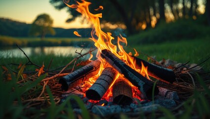 A bonfire is ignited outdoors in the open air.