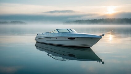 A boat rests on a lake in the sunshine as the sun rises. Dawn looks cloudy and grainy.