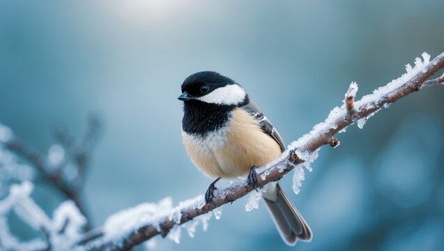 A black-capped chickadee perched on a branch during wintertime - Powered by Adobe