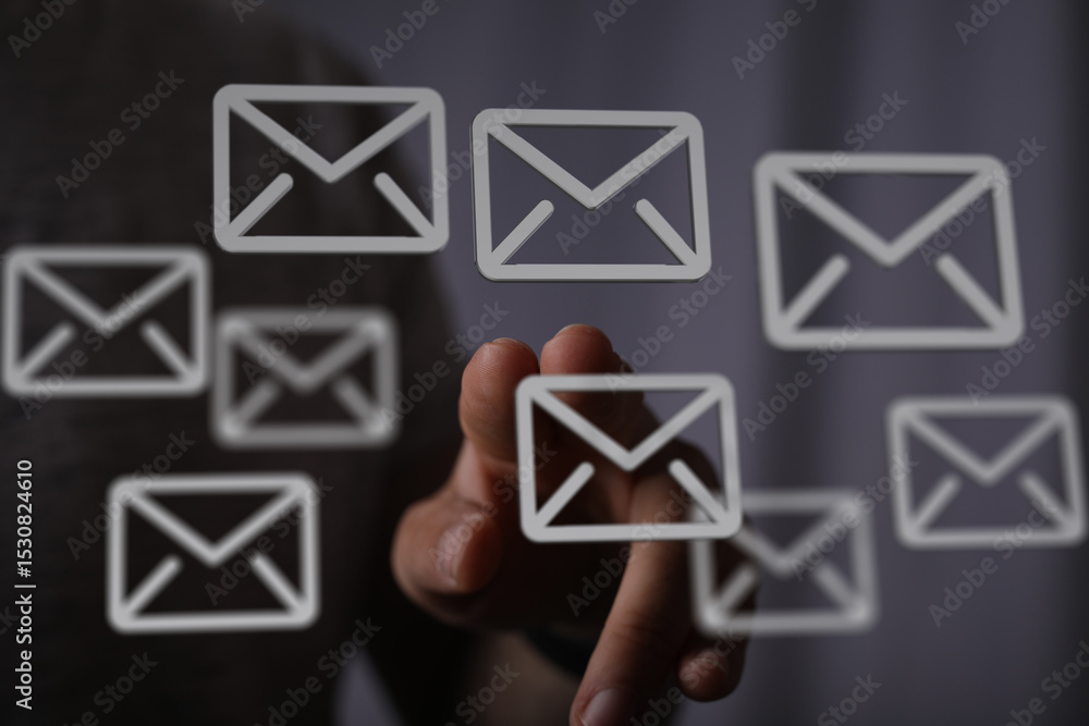 Poster Hand interacting with email icons, representing digital communication and inbox management.