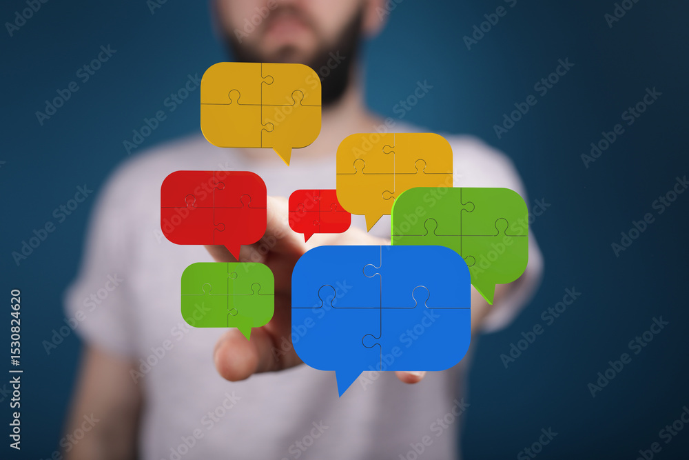 Aufkleber Abstract image of puzzle pieces forming speech bubbles, representing communication and problem-solving.