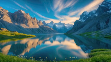 A stunning view of a peaceful lake, with its crystal-clear waters mirroring the towering, snow-capped peaks above.