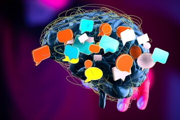 Abstract image of a brain with colorful speech bubbles, representing communication, ideas, and...