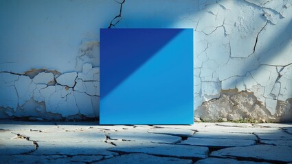 A blue square paper note placed in sunlight on cracked white peeling paint with empty free space for template or blank copy area