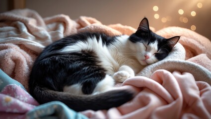 A black and white cat is calmly sleeping on a comfortable blanket, relishing its moment of rest.