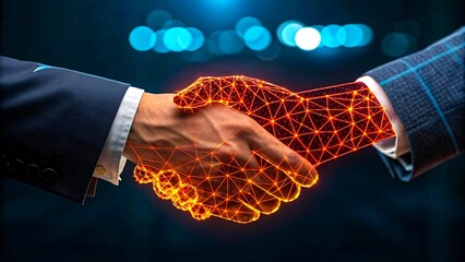 Digital and human handshake symbolizing technology partnership and innovation
