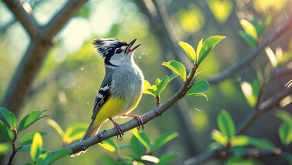 A bridled titmouse is nestled among the branches and leaves.
