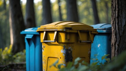 A colorful scene is created by placing a bright yellow trash can and a vibrant blue trash can next to each other.