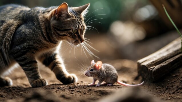 A cat catching a wild mouse at the village farm. The swift feline chasing prey. Hunter versus prey animal.