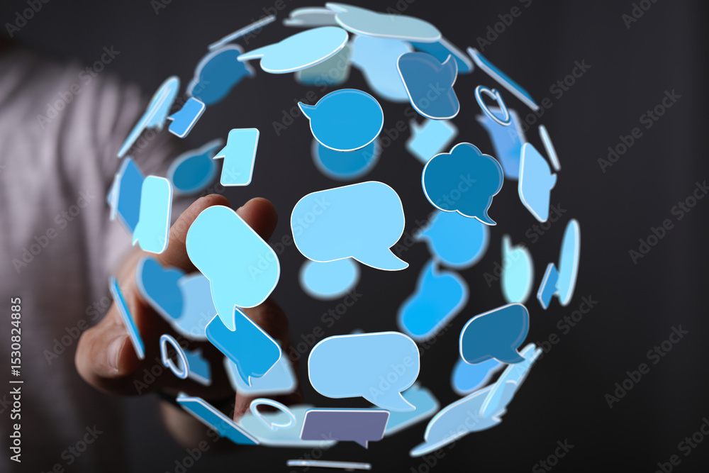 Poster abstract image of interconnected speech bubbles, symbolizing global communication and social media.