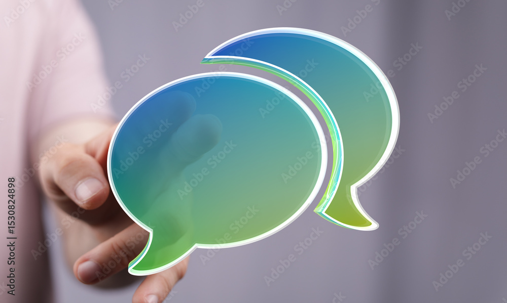 Poster Abstract image of a hand interacting with digital speech bubbles, symbolizing communication and connection.