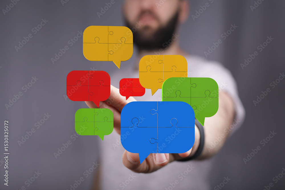 Poster colorful puzzle pieces in speech bubbles represent teamwork, communication, and problem-solving.