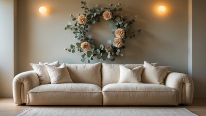 Cozy sofa positioned close to a light-colored wall adorned with a wreath in a living room interior.