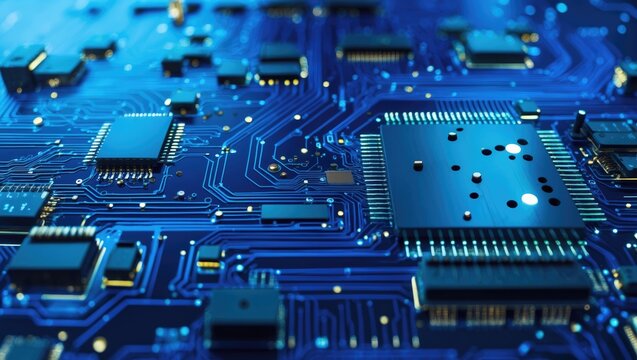 Closeup of a computer circuit board, serving as an abstract technology background.