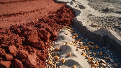 Construction images of a new sports field featuring red clay pitchers mound and infield clay surfacing.