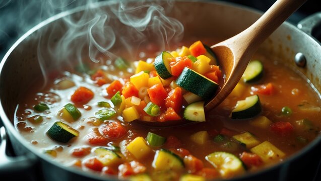 Cooking vegetable soup in a saucepan, a comfort food and homemade meal idea.