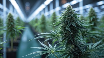Commercial Weed Bud Cultivated on Plant Beneath Warehouse Lights