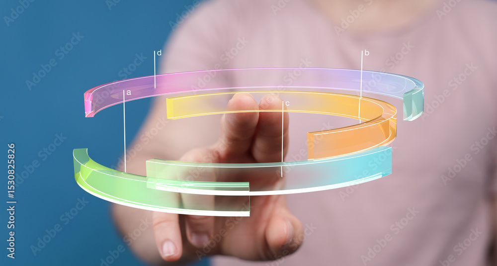 Poster Person interacting with a 3D data visualization. Colorful rings represent data segments.