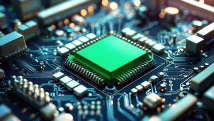 The concept of green technology, featuring the green recycle sign on a circuit board, highlights technology innovations. Environmentally friendly Green Technology Computer Chip