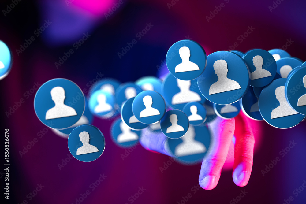 Poster abstract image of a hand reaching for floating blue user icons, representing social media, networkin
