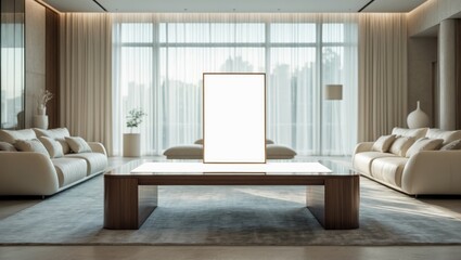 Modern wood table in a living room featuring a blank text space for a commercial presentation. Decoration and furnishing ideas