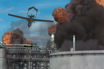 A military strike drone attacks an industrial oil refinery engulfed in fire and thick puffs of black smoke.