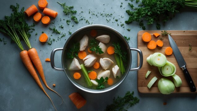 Cooking - making chicken stock with vegetables in a pot. Kitchen - overhead view of grey concrete worktop scene.